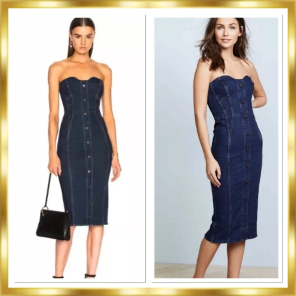 Strapless denim Blue cotton LIZA Midi button dress